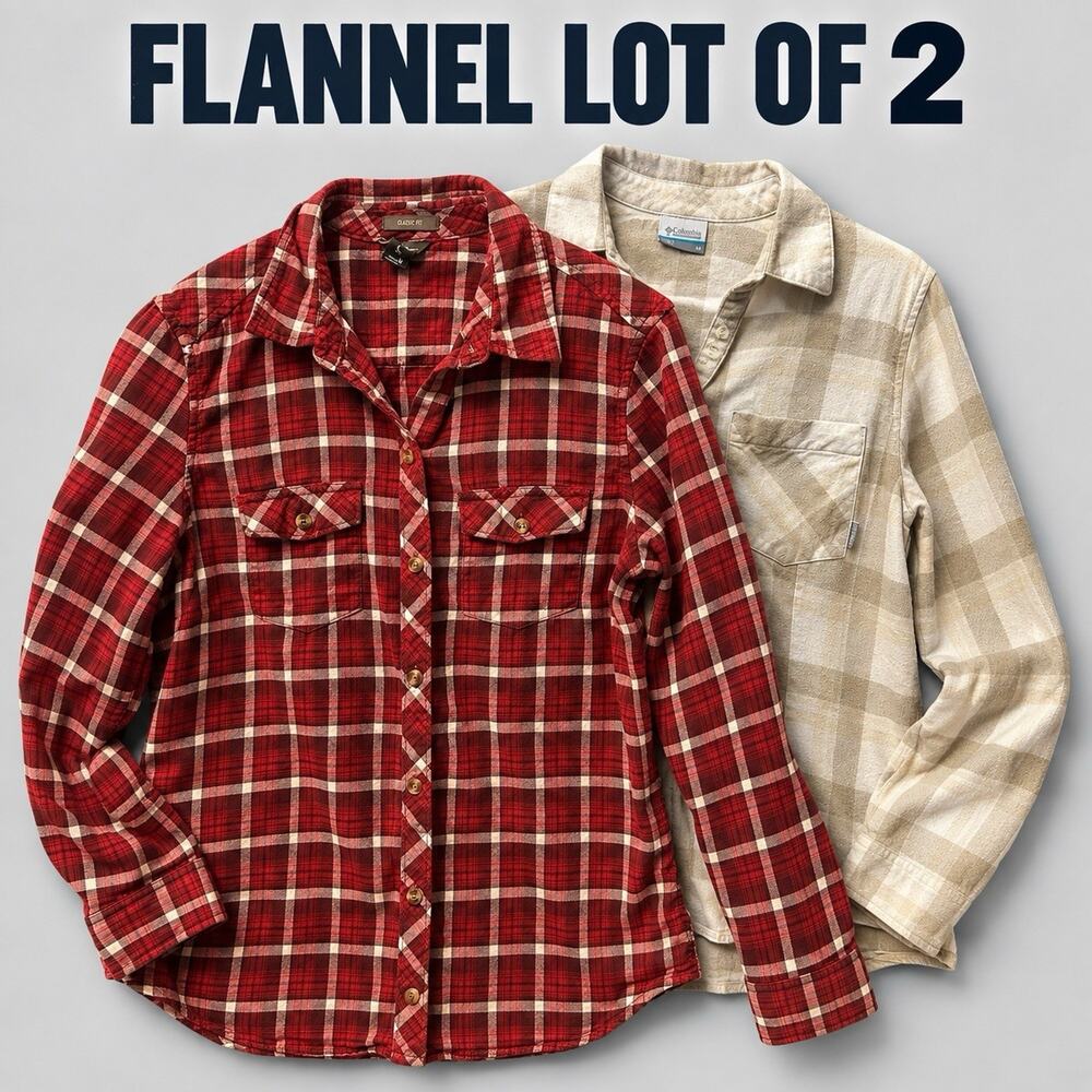 Eddie Bauer Columbia Womens Flannel Shirt Lot 2 Size M Plaid Red White Tan